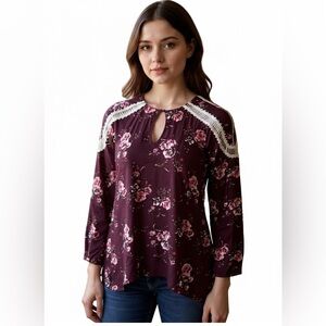 BKE Boutique Burgundy Floral top Sparkle Choker Collar Lace Rhinestones S #1616